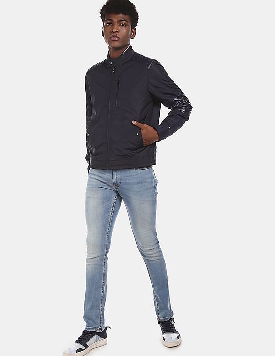 Men Navy Stand Collar Café Racer Jacket - Image 2