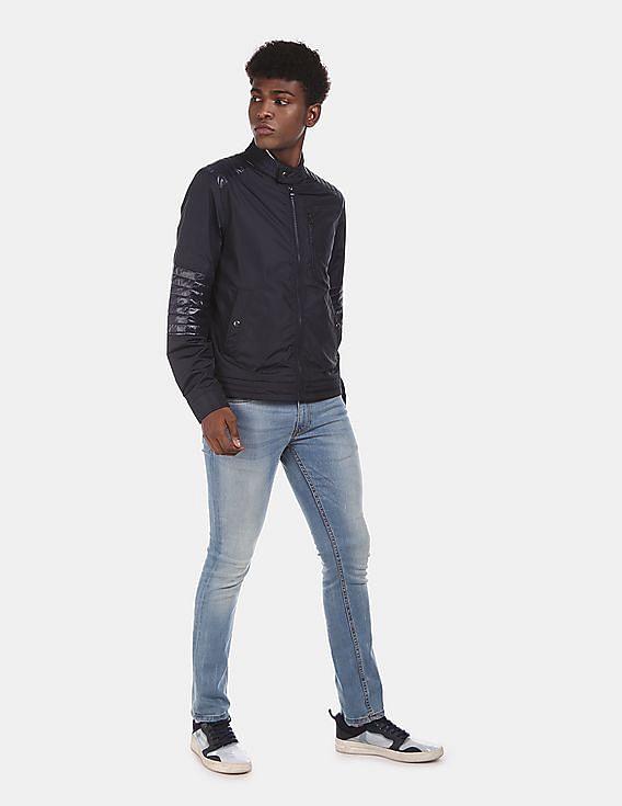 Men Navy Stand Collar Café Racer Jacket - Image 3