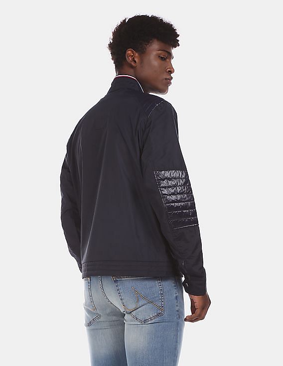 Men Navy Stand Collar Café Racer Jacket - Image 4