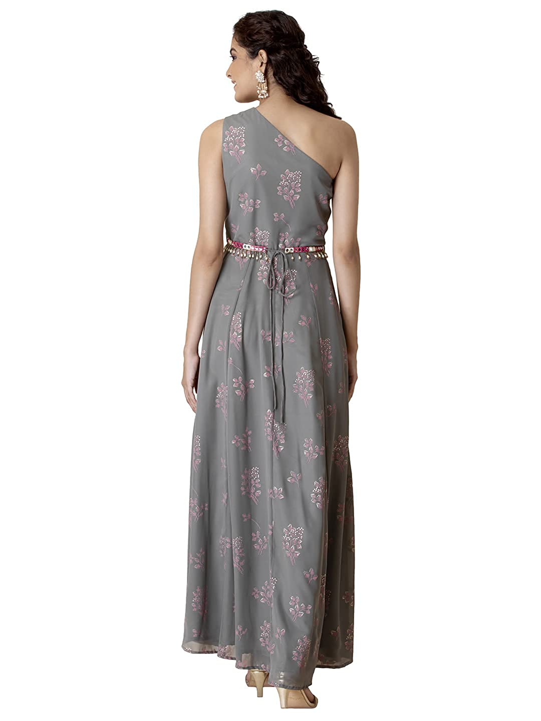 Indya Women's Grey Kurta Foil One Shoulder Belted Maxi - Image 2