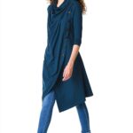 Zapelle Custom Clothing | Women's Cowl Neck Cotton Knit Asymmetric Wrap Tunic | Blue