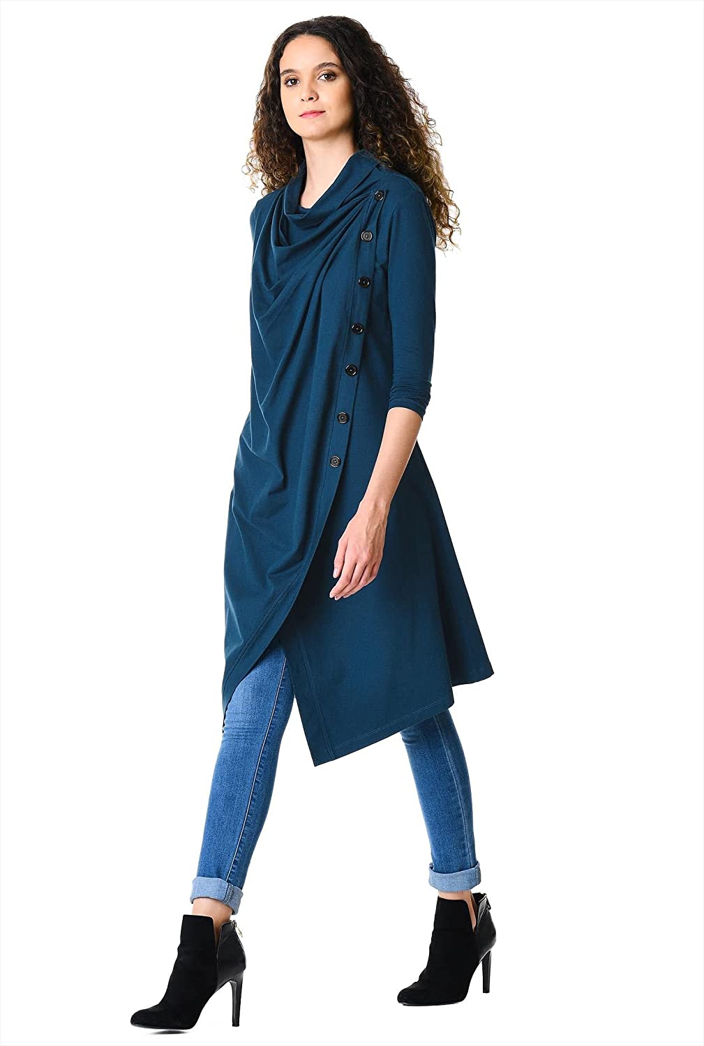 Zapelle Custom Clothing | Women's Cowl Neck Cotton Knit Asymmetric Wrap Tunic | Blue