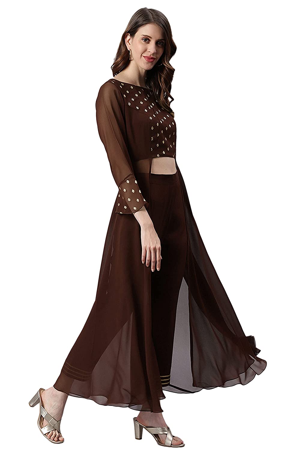 Janasya Women's Brown Georgette Ethnic Motifs Top with Pant - Image 4