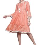 ishin Women's Cotton Peach Embroidered Fit & Flared Dress