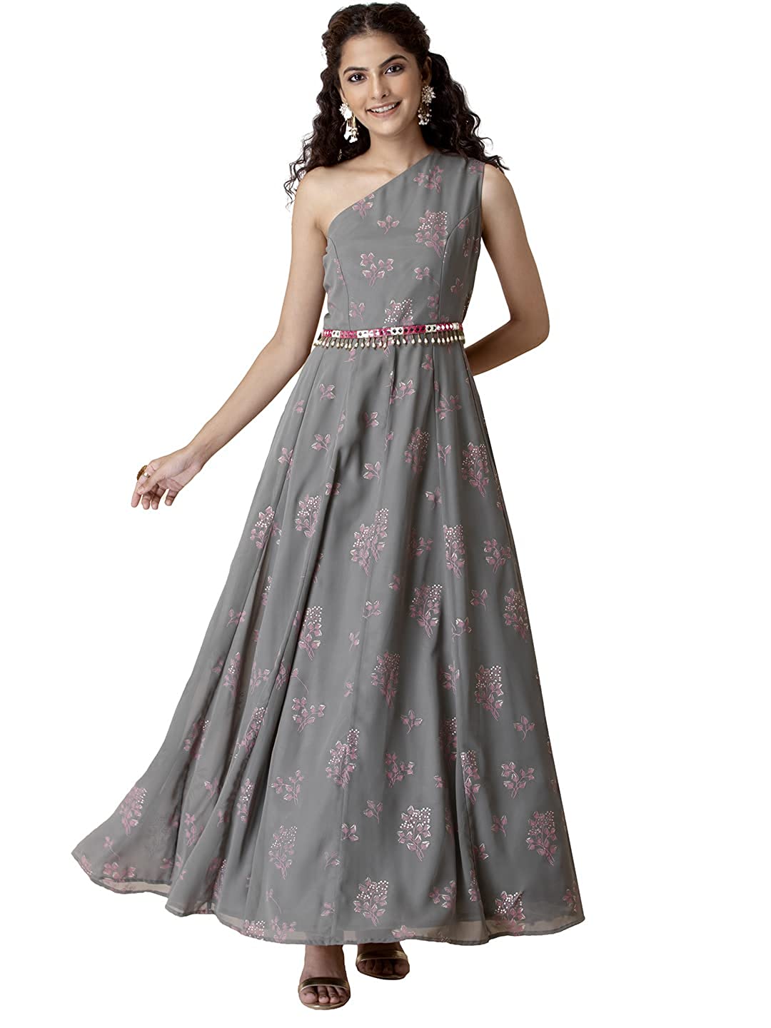 Indya Women's Grey Kurta Foil One Shoulder Belted Maxi