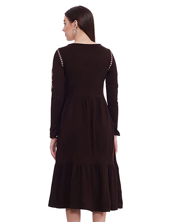 W for Woman Women's Acrylic W Brown Round Neck Gathered Dress Maxi - Image 2