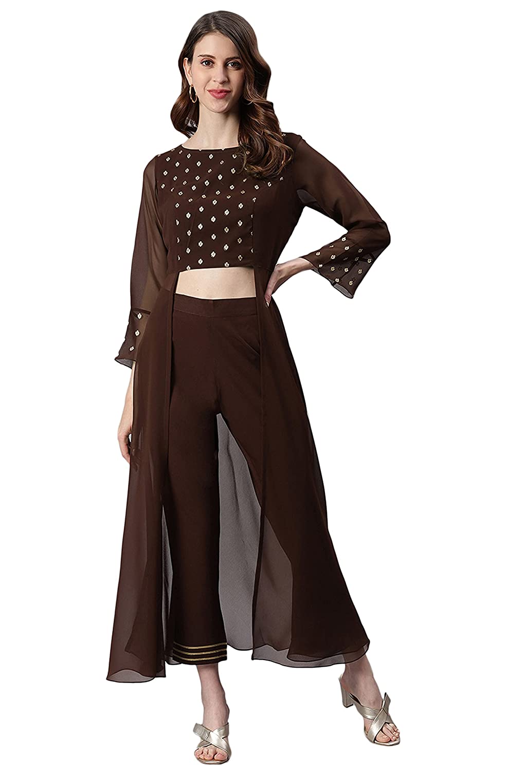 Janasya Women's Brown Georgette Ethnic Motifs Top with Pant - Image 2