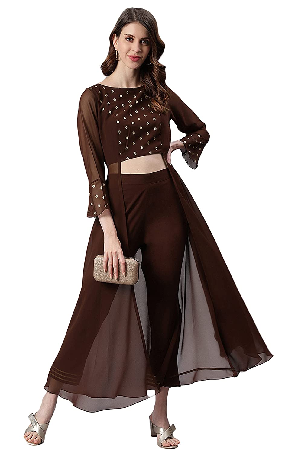 Janasya Women's Brown Georgette Ethnic Motifs Top with Pant