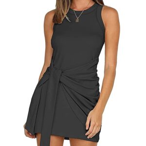 LIYOHON Women's Summer Casual Beach Dress Sleeveless Ruched Tie Tank Bodycon Wrap Mini Dresses