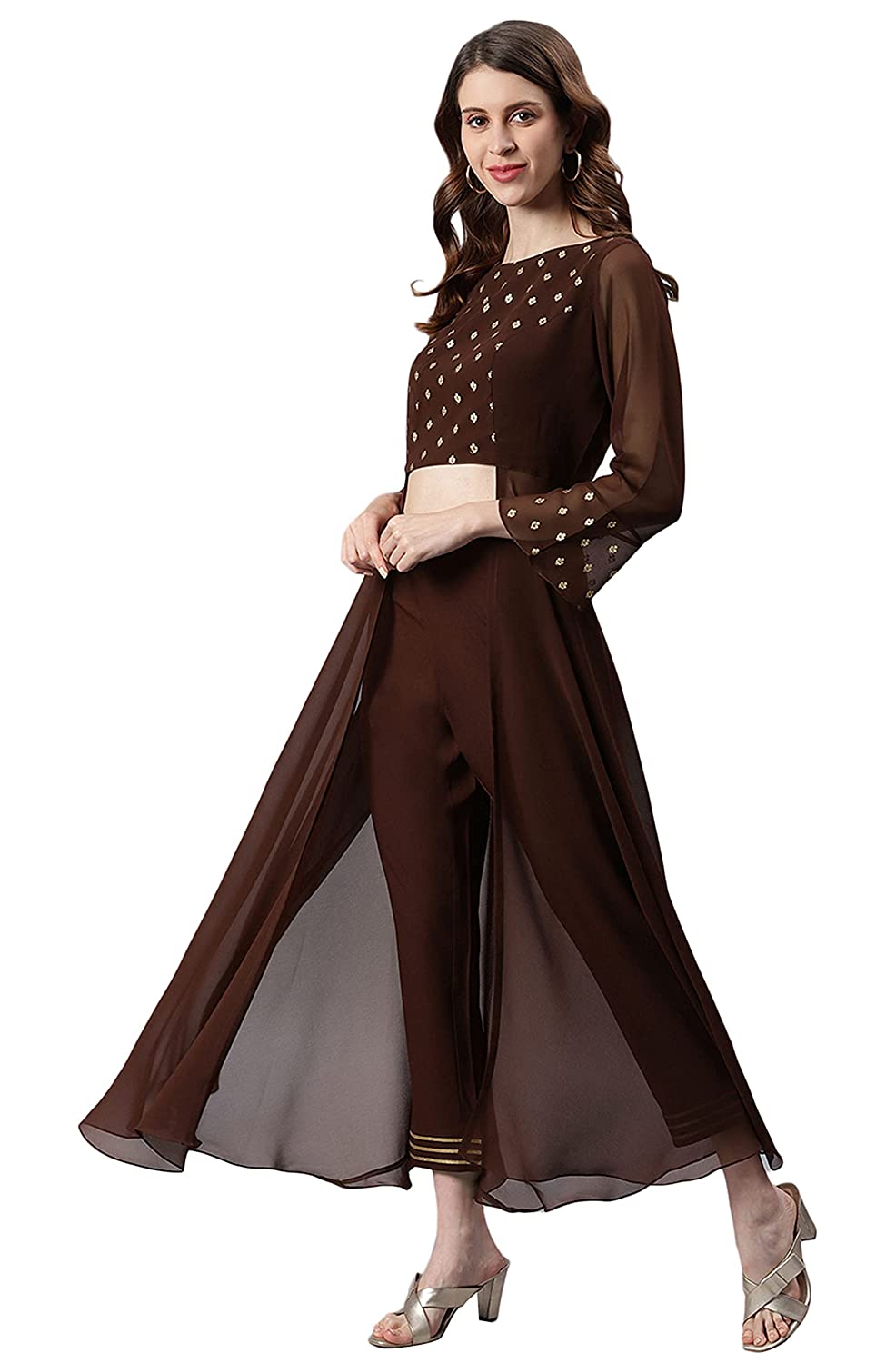 Janasya Women's Brown Georgette Ethnic Motifs Top with Pant - Image 3