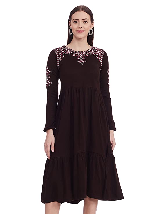 W for Woman Women's Acrylic W Brown Round Neck Gathered Dress Maxi