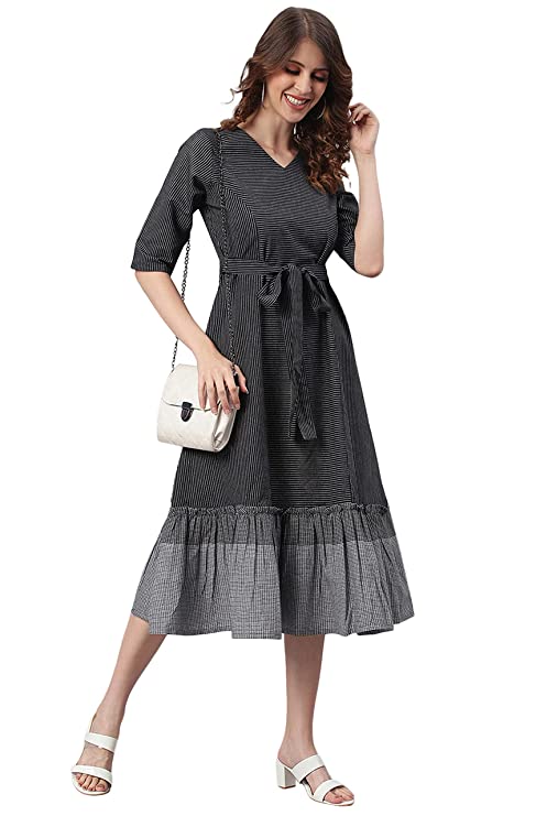 Janasya Women's Black Cotton Western Dress with Pocket - Image 2