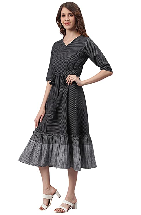 Janasya Women's Black Cotton Western Dress with Pocket - Image 3
