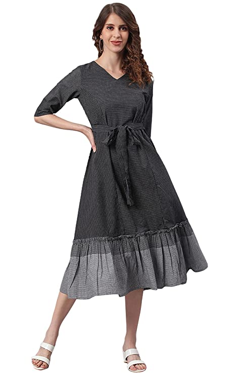 Janasya Women's Black Cotton Western Dress with Pocket