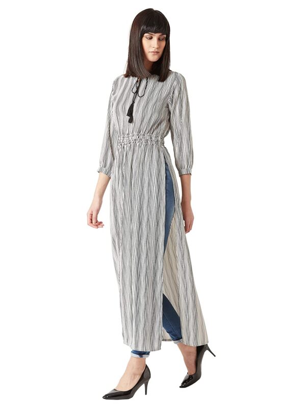 Miss Chase Women's Multicolored Round Neck 3/4th Sleeves Tie-Up Tassel Detailing Side and Front Slit Maxi Top - Image 2