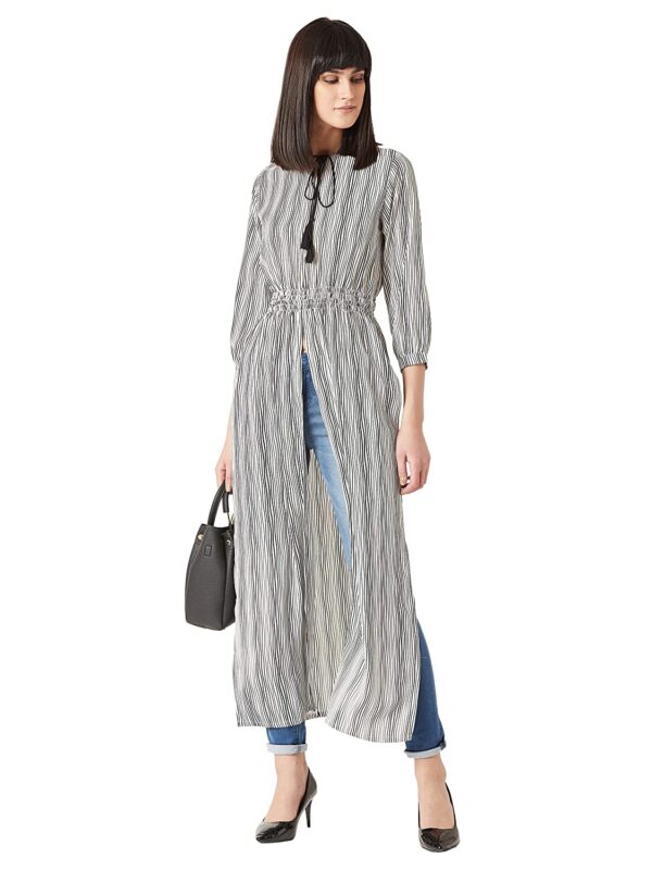 Miss Chase Women's Multicolored Round Neck 3/4th Sleeves Tie-Up Tassel Detailing Side and Front Slit Maxi Top